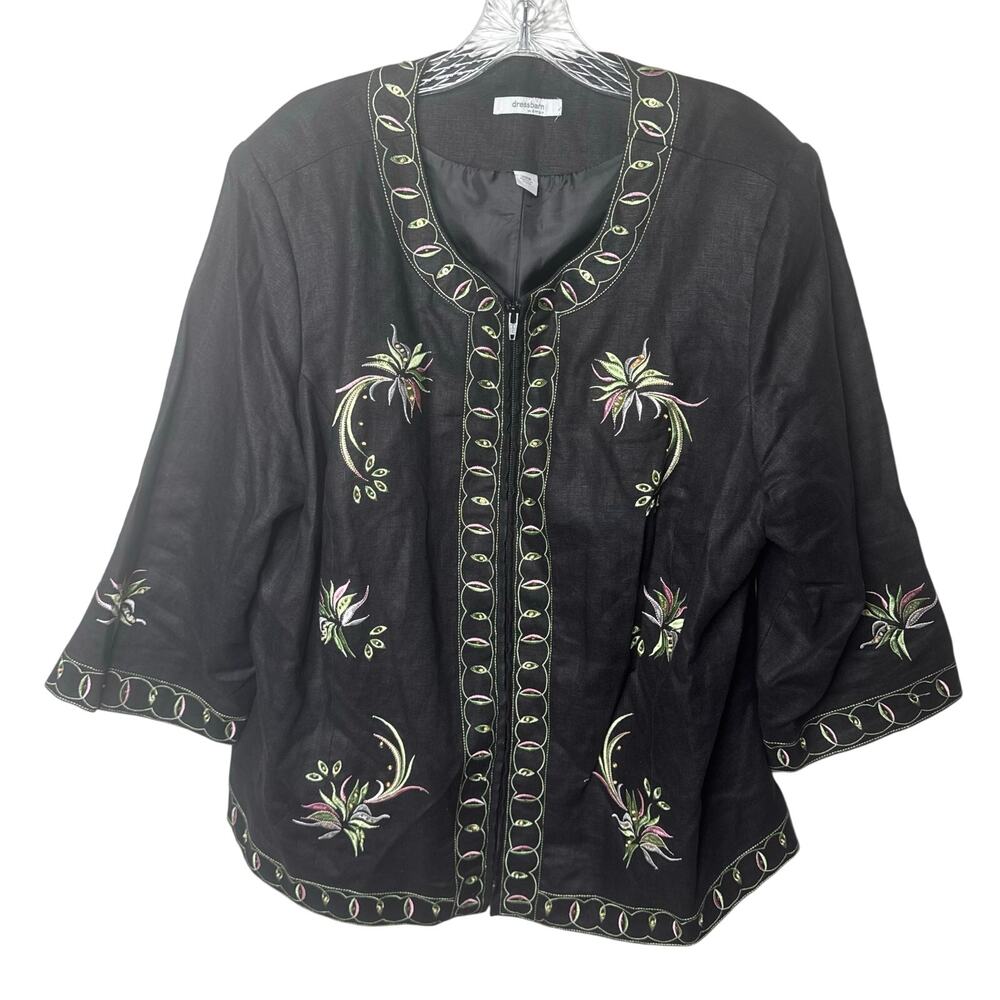 Dressbarn‎ Woman 20W Black Embroidered Linen Jacket 3/4 Sleeve Boho Festival